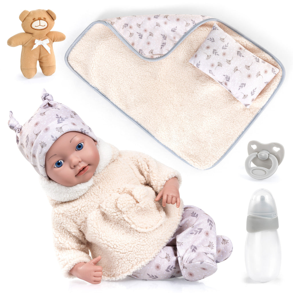 Reborn dúkka 38cm beige föt og teppi