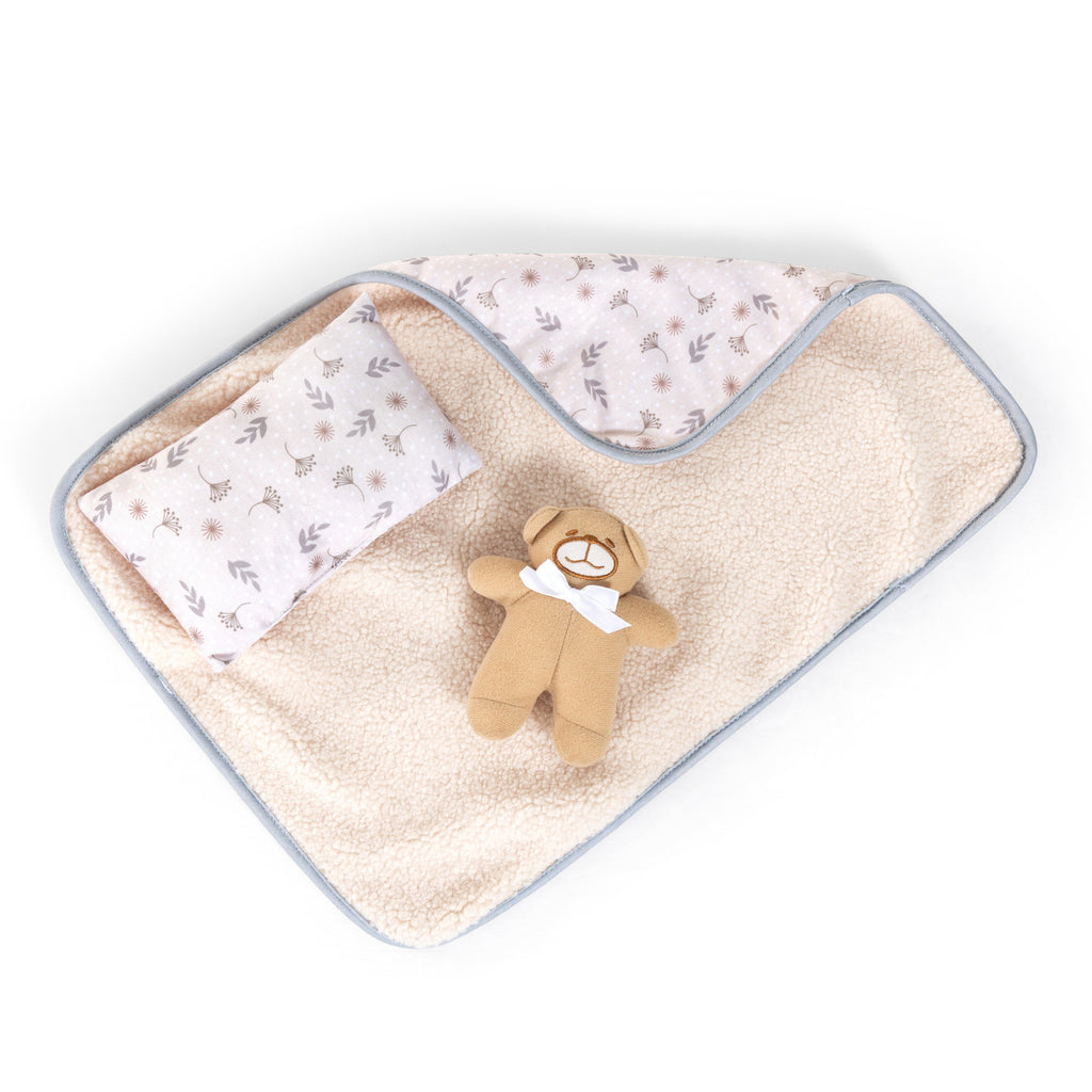 Reborn dúkka 38cm beige föt og teppi