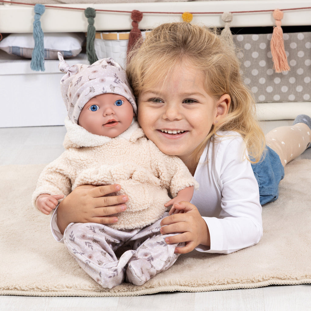 Reborn dúkka 38cm beige föt og teppi