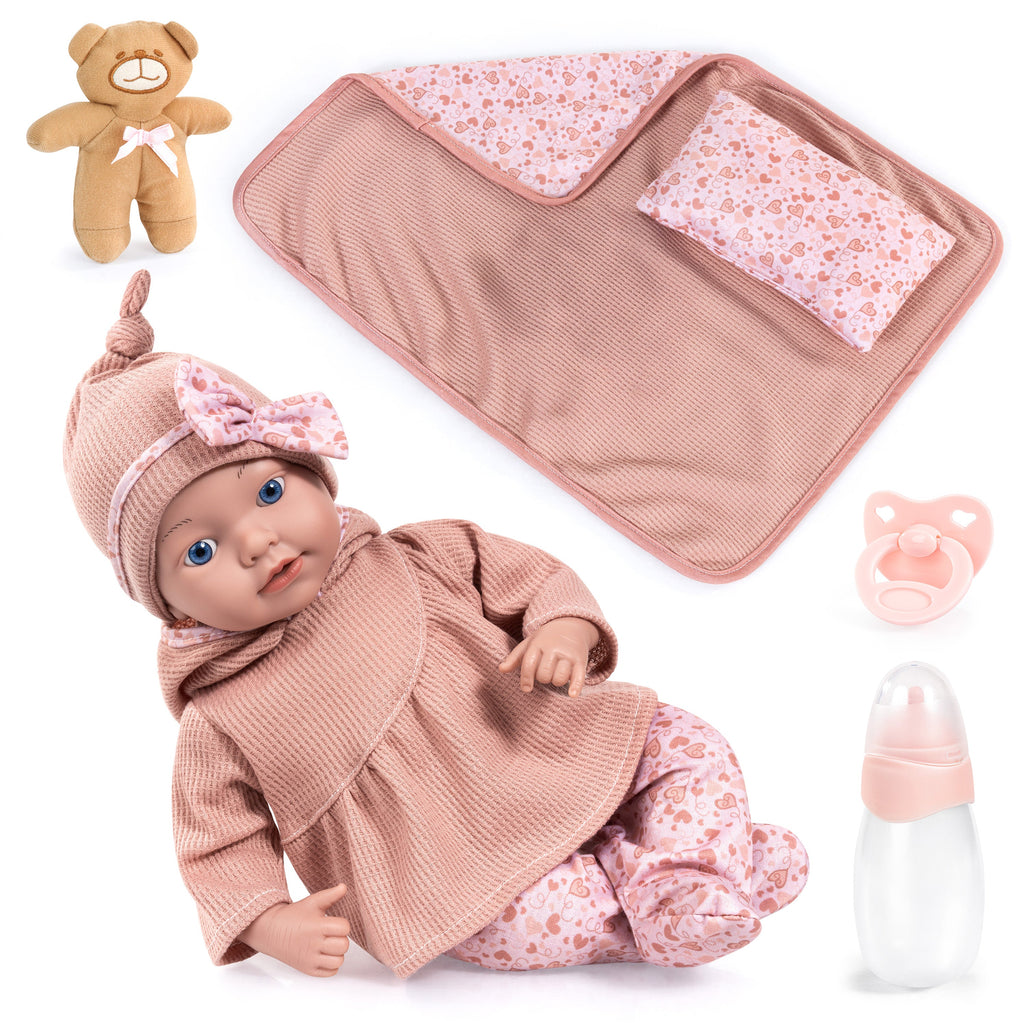 Reborn dúkka 38cm bleik föt og teppi