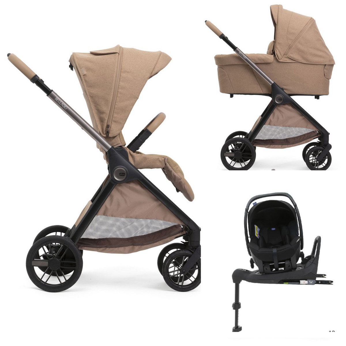4-1 Chicco Bellagio kerra, vagnstykki CARMEL 0-22kg - Kory bílstóll og 360 isofix base