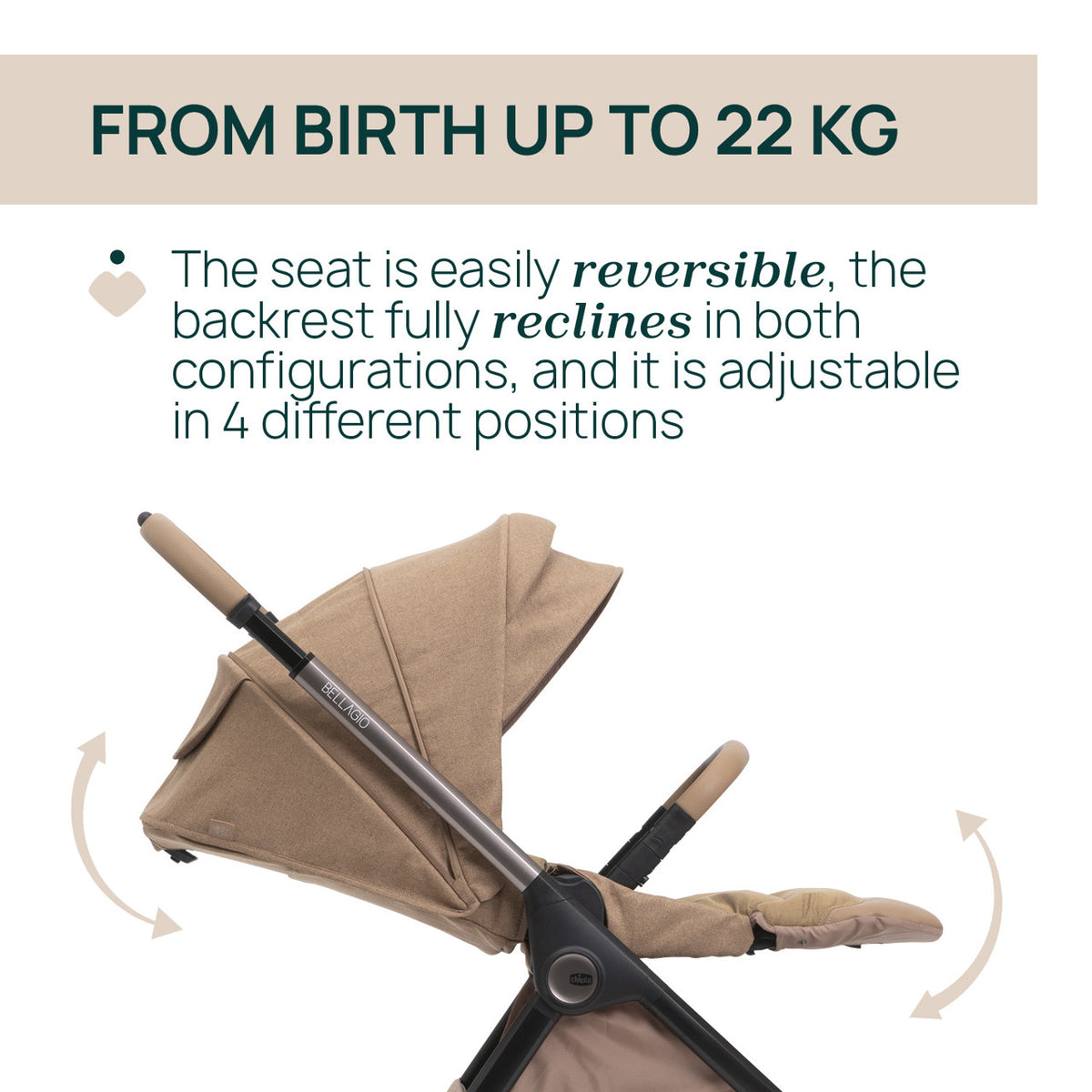 4-1 Chicco Bellagio kerra, vagnstykki CARMEL 0-22kg - Kory bílstóll og 360 isofix base