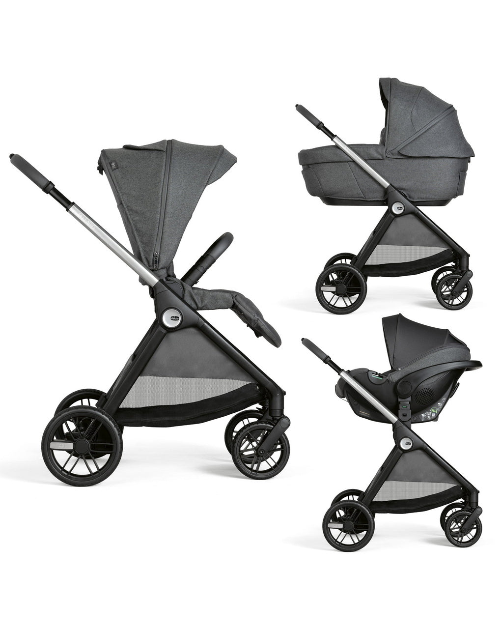 Chicco Bellagio kerra  með vagnstykki Svört 0-22kg - First recline bílstóll og 360 isofix base