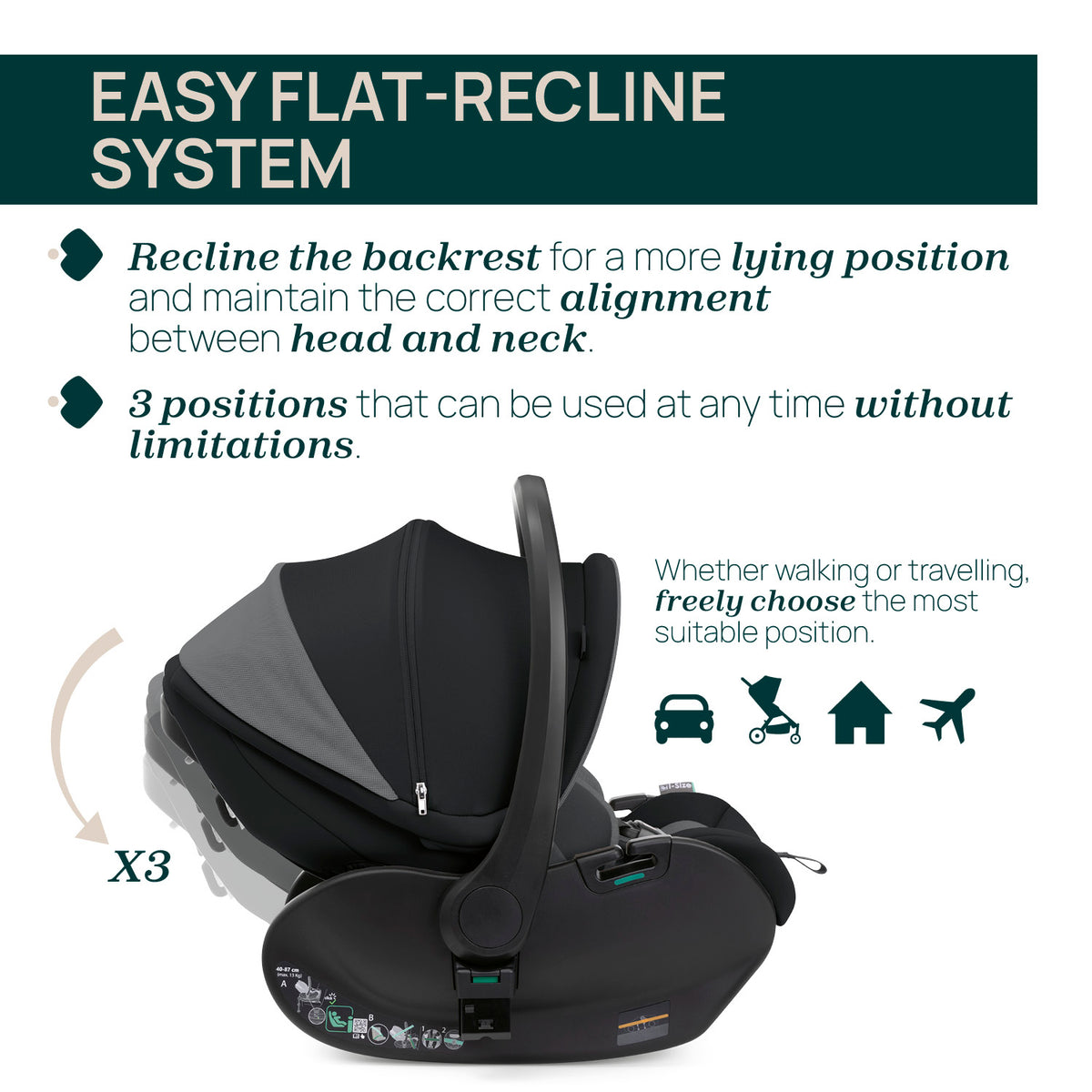 Chicco Bellagio kerra  með vagnstykki Svört 0-22kg - First recline bílstóll og 360 isofix base