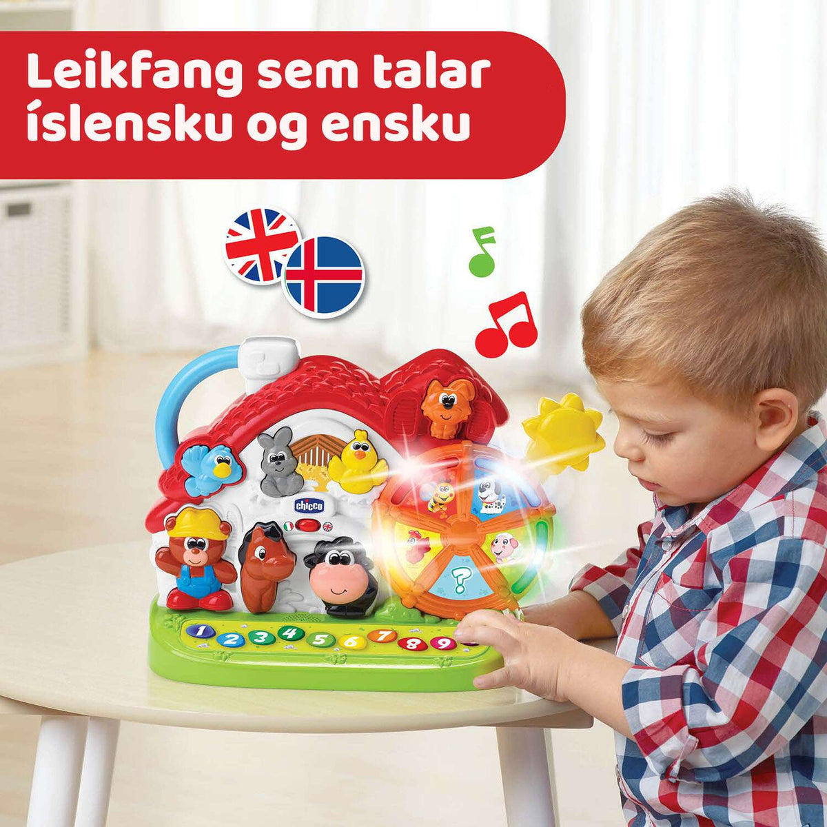 Barn leikur með Chicco Talandi bóndabæinn sem talar íslensku og ensku